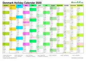 Calendar Vertical Month Column With Denmark Holiday Multi Color 2020