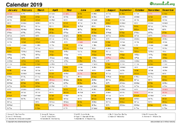 Calendar Vertical Month Column With Holiday Auz Color Orange 2019