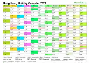 Calendar Vertical Month Column With Hong Kong Holiday Multi Color 2021