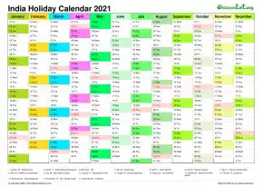 Calendar Vertical Month Column With India Holiday Multi Color 2021