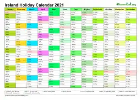 Calendar Vertical Month Column With Ireland Holiday Multi Color 2021