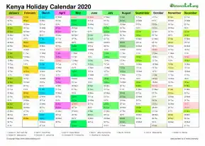 Calendar Vertical Month Column With Kenya Holiday Multi Color 2020