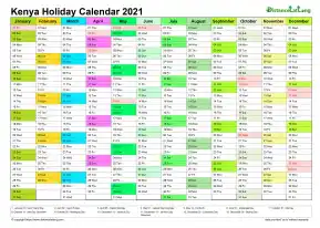 Calendar Vertical Month Column With Kenya Holiday Multi Color 2021