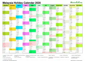 Calendar Vertical Month Column With Malaysia Holiday Multi Color 2020