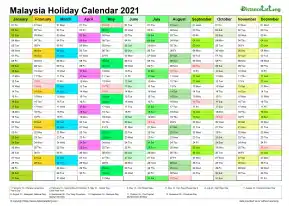 Calendar Vertical Month Column With Malaysia Holiday Multi Color 2021