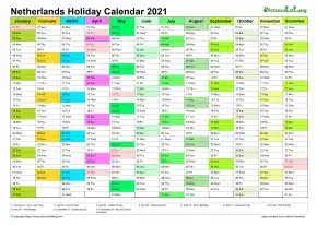 Calendar Vertical Month Column With Netherlands Holiday Multi Color 2021