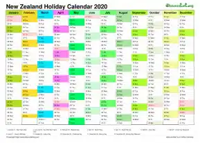 Calendar Vertical Month Column With New Zealand Holiday Multi Color 2020