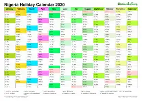 Calendar Vertical Month Column With Nigeria Holiday Multi Color 2020