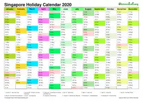 Calendar Vertical Month Column With Singapore Holiday Multi Color 2020
