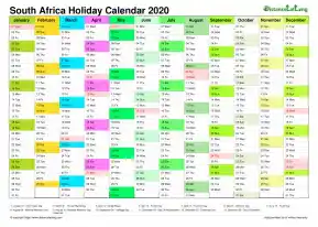Calendar Vertical Month Column With South Africa Holiday Multi Color 2020