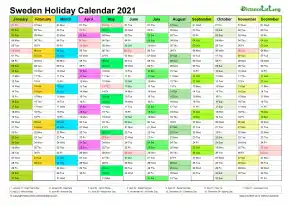 Calendar Vertical Month Column With Sweden Holiday Multi Color 2021