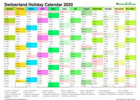 Calendar Vertical Month Column With Switzerland Holiday Multi Color 2020