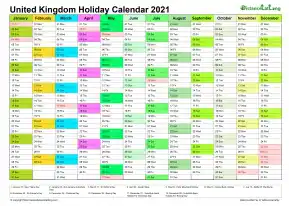 Calendar Vertical Month Column With United Kingdom Holiday Multi Color 2021