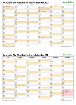 Calendar Vertical Six Months Australia Holiday 2021 2 Page