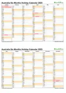 Calendar Vertical Six Months Australia Holiday 2023 2 Page
