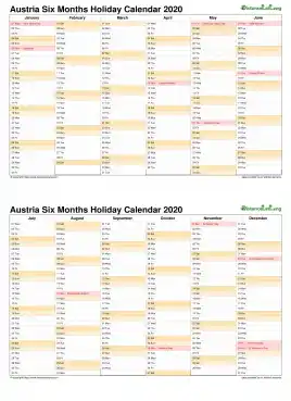 Calendar Vertical Six Months Austria Holiday 2020 2 Page
