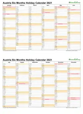 Calendar Vertical Six Months Austria Holiday 2021 2 Page