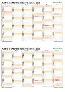 Calendar Vertical Six Months Austria Holiday 2023 2 Page