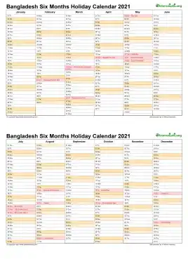 Calendar Vertical Six Months Bangladesh Holiday 2021 2 Page
