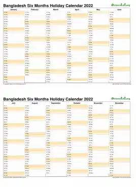 Calendar Vertical Six Months Bangladesh Holiday 2022 2 Page