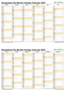 Calendar Vertical Six Months Bangladesh Holiday 2023 2 Page