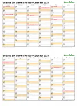 Calendar Vertical Six Months Belarus Holiday 2021 2 Page