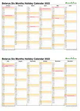 Calendar Vertical Six Months Belarus Holiday 2022 2 Page