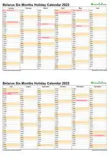 Calendar Vertical Six Months Belarus Holiday 2023 2 Page