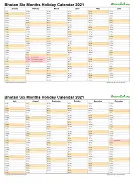 Calendar Vertical Six Months Bhutan Holiday 2021 2 Page