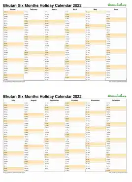 Calendar Vertical Six Months Bhutan Holiday 2022 2 Page