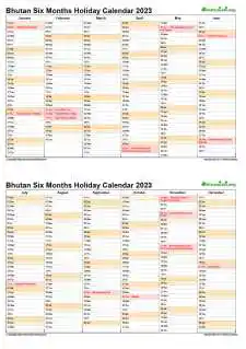 Calendar Vertical Six Months Bhutan Holiday 2023 2 Page