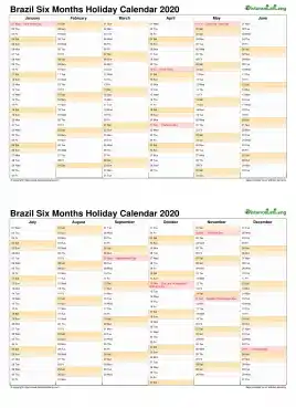 Calendar Vertical Six Months Brazil Holiday 2020 2 Page