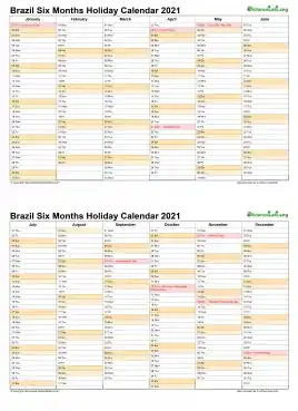 Calendar Vertical Six Months Brazil Holiday 2021 2 Page