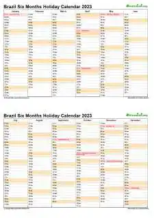 Calendar Vertical Six Months Brazil Holiday 2023 2 Page