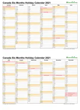 Calendar Vertical Six Months Canada Holiday 2021 2 Page