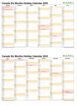 Calendar Vertical Six Months Canada Holiday 2022 2 Page