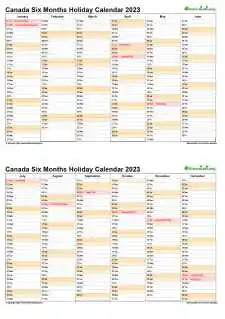 Calendar Vertical Six Months Canada Holiday 2023 2 Page