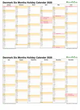 Calendar Vertical Six Months Denmark Holiday 2020 2 Page