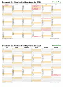 Calendar Vertical Six Months Denmark Holiday 2021 2 Page