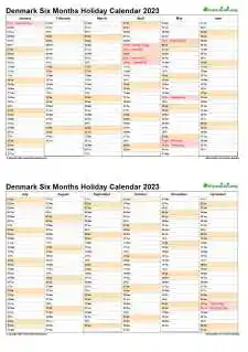 Calendar Vertical Six Months Denmark Holiday 2023 2 Page