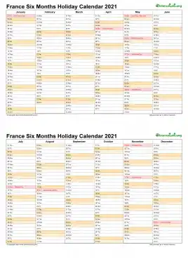 Calendar Vertical Six Months France Holiday 2021 2 Page