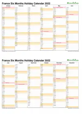 Calendar Vertical Six Months France Holiday 2022 2 Page