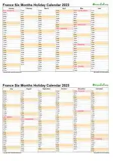 Calendar Vertical Six Months France Holiday 2023 2 Page