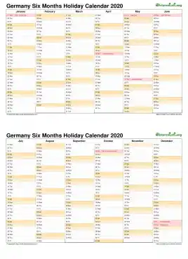 Calendar Vertical Six Months Germany Holiday 2020 2 Page