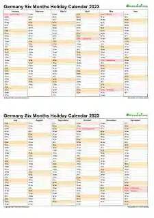 Calendar Vertical Six Months Germany Holiday 2023 2 Page