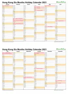 Calendar Vertical Six Months Hong Kong Holiday 2021 2 Page