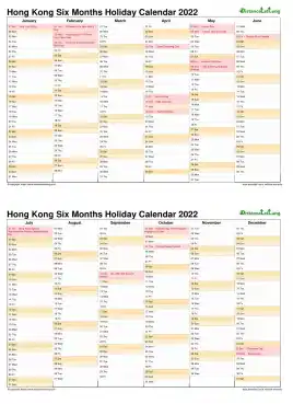 Calendar Vertical Six Months Hong Kong Holiday 2022 2 Page
