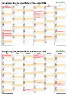 Calendar Vertical Six Months Hong Kong Holiday 2023 2 Page