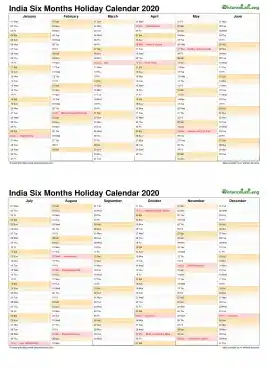 Calendar Vertical Six Months India Holiday 2020 2 Page