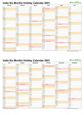 Calendar Vertical Six Months India Holiday 2021 2 Page